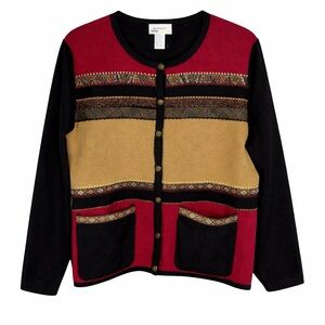Koret Red Black Gold Colorblock Cardigan Sweater
